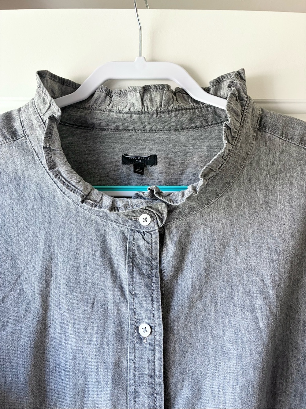 Talbots Button Front Shirt Ruffled Short Sleeve Cotton Light Gray Plus Size 2X - Picture 3 of 12